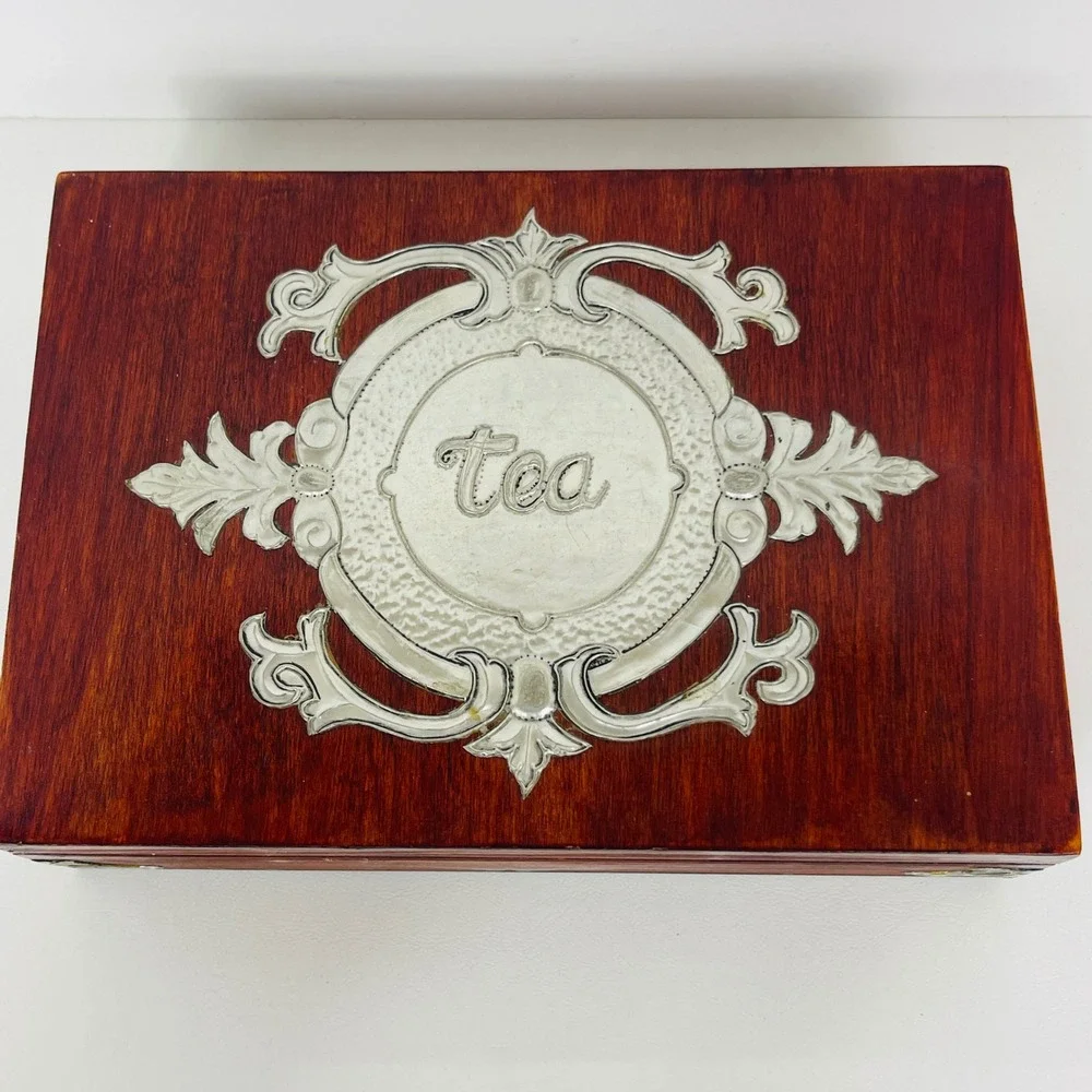 Vintage Wood Tea Storage Box Chest Brown Silver Embossed Metal Overlay Divided